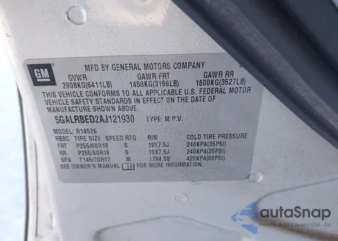 2010 Buick Enclave 1Xl из США, поврежденный, VIN 5GALRBED2AJ121930